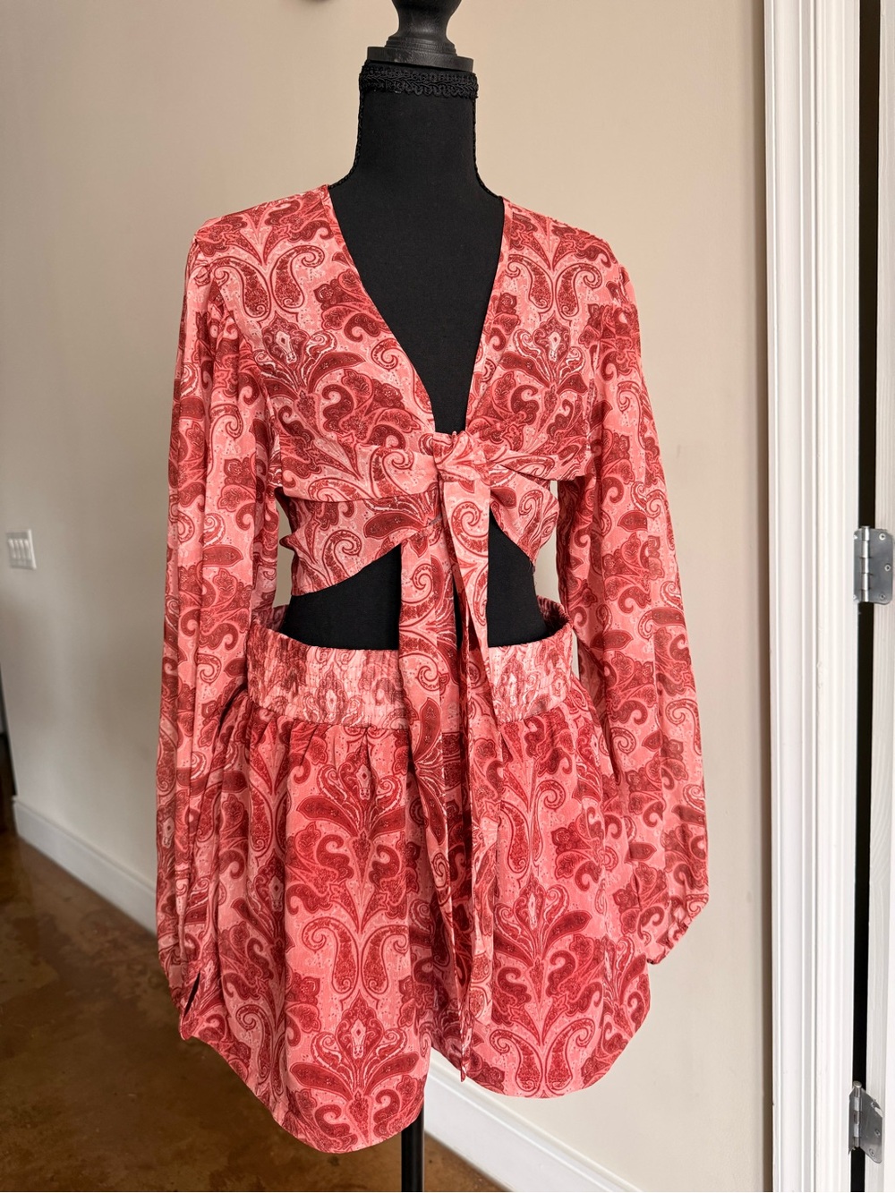 Women’s Red Paisley Tie-Front Crop Top and Shorts